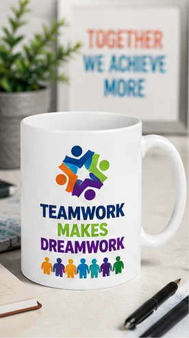 White ceramic mug with colourful Teamwork Makes Dreamwork lettering in an office design preview