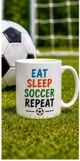 White ceramic mug with Eat Sleep Soccer Repeat lettering beside a football in a design preview