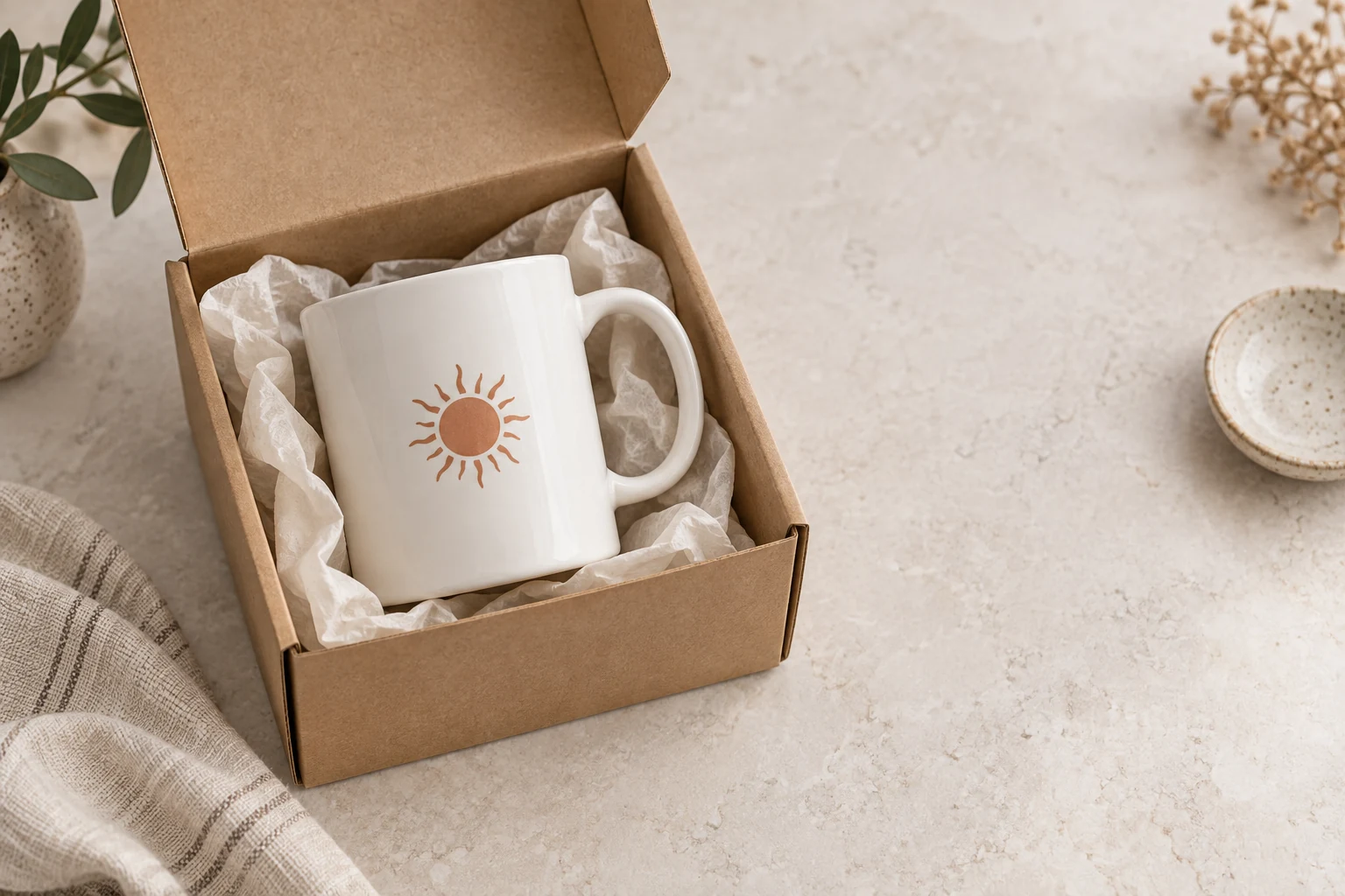 Generated design preview of a ceramic mug packed as a gift