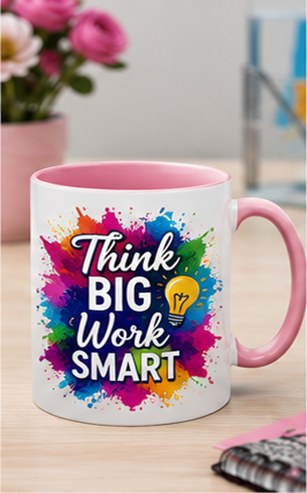 Pink handled mug with Think Big Work Smart artwork