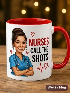 Nurse Calls the Shots caricature mug — red