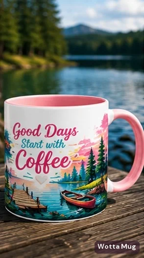 Coffee by the Lake custom colourful mug — pink
