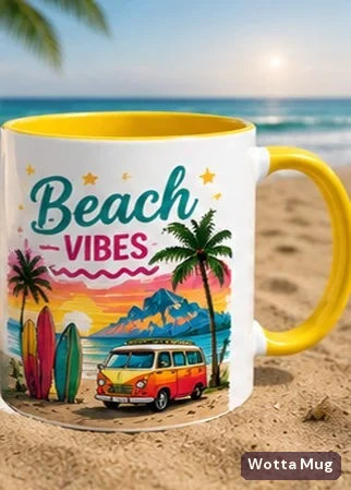Beach Vibes custom colourful graphic mug — yellow