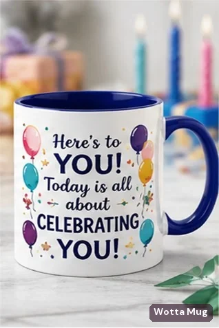 Celebrating You birthday mug — dark blue