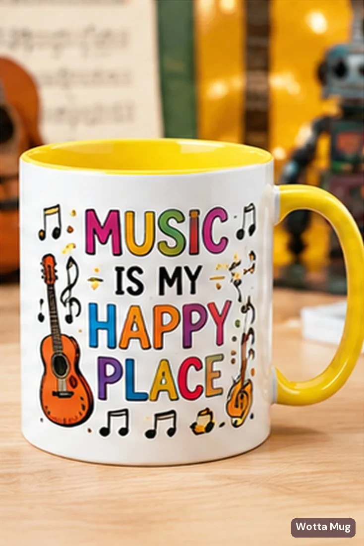 Music is My Happy Place custom school mug — yellow
